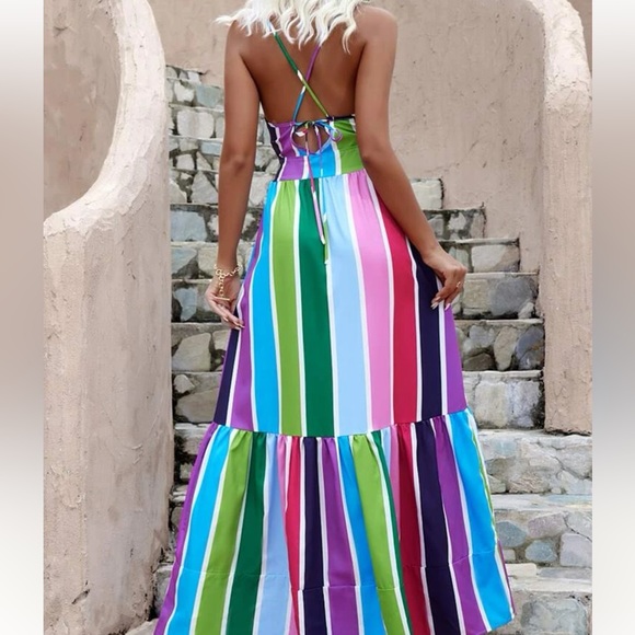 Colorful Striped Ruffle Hem Maxi Cami Dress - Picture 2 of 8